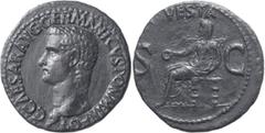 Roman Imperial Caligula. 40-as; Caligula; 37-41 AD, Rome, 37-38 AD, As, 10.83g. RIC-38. Obv: C CAESAR AVG GERMANICVS PON M TR POT Bare bust r. Rx: VESTA S C, Vesta veiled seated left on throne holding