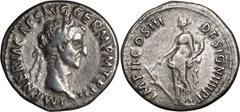 Roman Imperial Nerva. Denarius; Nerva; 96-98 AD, Rome, 97 AD, Denarius, 3.33g. BMC-p. 9, new rev. type. Obv: IMP NERVA CAES AVG GERM P M TR P II Head laureate r. Rx: IMP II COS III - DESIGN IIII P P F