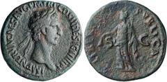 Roman Imperial Nerva. 40-as; Nerva; 96-98 AD, Rome, Late 96 AD, As, 11.89g. Paris-94, BMC-p. 18 (citing the Paris spec.). Obv: IMP NERVA CAES AVG P M [TR P] COS II DESIGN III P P Head laureate r. Rx: 