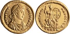 Roman Imperial Theodosius I. Solidus; Theodosius I; 379-395 AD, Constantinople, 383-387 AD, Solidus, 4.47g. RIC-47a, Depeyrot-39/1. Obv: D N THEODOSIVS P F AVG, pearl-diademed, draped and cuirassed bu