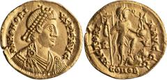 Roman Imperial Honorius. Solidus; Honorius; 393-423 AD, Ravenna, 408-423 BC, Solidus, 4.41g. RIC-1321. Obv: D N HONORIVS P F AVG, Pearl-diademed bust right. Rx: VICTORIA AVGGG, Honorius, draped, cuira