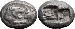Ancient Greek Lydia, Croesus. Half-stater; Lydia, Croesus; 564/53-550/39 BC, Hemistater, 5.14g. Berk-23, SNG Kayhan-1024-6. Obv: Confronted foreparts of lion and bull. Rx: Two incuse squares.. VF