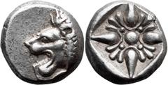 Ancient Greek Ionia, Miletos. Alexandria Diobol; Ionia, Miletos; 5th cent. BC, Diobol, 1.16g. SNG Cop-949, SNG von Aulock-2080. Obv: Forepart of roaring lion l. Rx: Star-like floral ornament in incuse