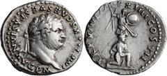 Roman Imperial Titus. Denarius; Titus; 79-81 AD, Rome, July-end 79 AD, Denarius, 3.61g. BMC-15, Hendin-6614d. Obv: IMP TITVS CAES VESPASIAN AVG P M, Laureate head of Titus to right. Rx: TR P VIIII IMP