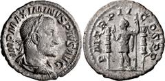 Roman Imperial Maximinus I Thrax. Denarius; Maximinus I Thrax; 235-238 AD, Rome, 236 AD, Denarius, 2.84g. BM-77, C-55, RIC-3. Obv: Bust r. P M TR P II COS P P Emperor, laureate and in military dress, 