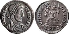 Roman Imperial Theodosius I. Siliqua; Theodosius I; 379-395 AD, Trier, Siliqua, 1.71g. RIC-94b, RSC-57a. Obv: DN THEODOSIVS PF AVG, Pearl-diademed bust right Rx: VIRTVS ROMANORVM, Roma seated on cuira