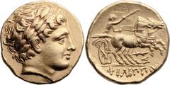 Ancient Greek Macedonia, Philip II. Stater; Macedonia, Philip II; Pella, c. 323-317 BC, under Cassander as Regent, Stater, 8.56g. Le Rider-555a, p. 187 and pl. 71, this coin. Obv: Laureate head of Apo