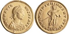 Roman Imperial Gratian. Solidus; Gratian; 367-383 AD, Constantinople, 367-375 AD, Solidus, 4.40g. RIC-24 (R2), C-28 (35 Fr.). Obv: D N GRATIA - NVS P F AVG Pearl-diademed, draped, cuirassed bust r., s