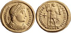 Roman Imperial Valentinian I. Solidus; Valentinian I; 364-375 AD, Antioch, 364-367 AD, Solidus, 4.48g. RIC-2a, C-28. Obv: Pearl-diademed, draped and cuirassed bust r. Rx: RESTITVTOR REIPVBLICAE, Emper