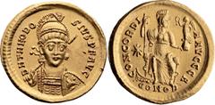 Roman Imperial Theodosius II. Solidus; Theodosius II; 402-450 AD, Constantinople, c. 402-08 AD, Solidus, 4.46g. Berk-10, DO-303, MIB-12a. Obv: D N THEODO - SIVS P F AVG Helmeted, cuirassed bust facing