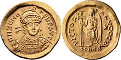 Byzantine Zeno (474-491 AD). Solidus; Zeno (474-491 AD); 474-491 AD, Constantinople, Solidus, 4.44g. Berk-26, Hahn-7, Ratto-277. Obv: D N ZENO PERP AVG, 3/4 facing bust of Zeno wearing cuirass, holdin