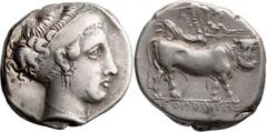 Ancient Greek Campania, Neapolis. Didrachm; Campania, Neapolis; 395-385 BC, Didrachm, 7.46g. SNG ANS-294. Obv: Portrait of Pathenope. Rx: Man-headed bull advancing surmounted by flying Nike, NEOΠΟΛΙΤΗ