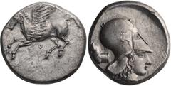 Ancient Greek Corinthia, Corinth. Stater; Corinthia, Corinth; 350-330 BC, Stater, 8.40g. Calciati-143, BCD-55. Obv: Ϙ Pegasos with straight wings flying left. Rx: Helmeted head of Athena to right; beh