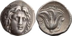 Ancient Greek Caria, Rhodes. Didrachm; Caria, Rhodes; c. 265-250 BC, Didrachm, 6.53g. Ashton, Rev. Num. 1988-pl. XVII, 49 = SNG Keckman-493. Obv: Head of Helios facing, slightly r., hair loose. Rx: [A