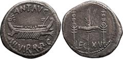 Roman Republic Mark Antony. Denarius; Mark Antony; 44-30 BC, military mint moving with Mark Antony, 32-31 BC, Denarius, 3.51g. Crawford-544/30, Syd-1235. Obv: ANT•AVG - III•VIR•R•P•C Galley right, wit