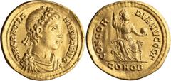 Roman Imperial Valentinian II. Solidus; Valentinian II; 375-392 AD, Constantinople, Solidus, 4.38g. RIC-45b (unlisted officina), Depeyrot-33/2. Obv: Bust right. Rx: Constantinopolis seated facing on t