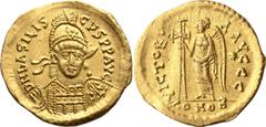 Roman Imperial Basiliscus . Solidus; Basiliscus ; Constantinople, 475-476 AD, Solidus, 4.48g. RIC-1003, Depeyrot-101/1. Obv: D N bASILISCЧS P P AVG, Bust facing slightly right holding shield decorated