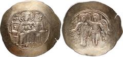 Byzantine Isaac II. Aspron EL Trachy Nomisma; Isaac II; Constantinople, First reign, 1185-1195 AD, EL Aspron Trachy, 3.55g. S-2002, DO-2a. Obv: Full length figure of the Virgin Mary seated facing on t