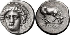 Ancient Greek Thessaly, Larissa. Drachm; Thessaly, Larissa; 350-340 BC, Drachm, 5.93g. Lorber-17. Double signed by artist "IA" Obv: Head of Larissa facing slightly left with "IA" above head. Rx: horse