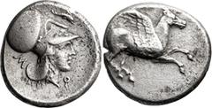 Ancient Greek Corinthia, Corinth. Stater; Corinthia, Corinth; 350-330 BC, Stater, 8.42g. Calciati-344/1. Obv: Helmeted head of Athena right, Σ in retrograde behind neck, dolphin swimming above, O belo