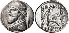 Ancient Greek Parthia, Mithradates II. Drachm; Parthia, Mithradates II; 123-88 BC, Drachm, 4.41g. Sellwood-24.10, Shore-70. Obv: Diademed bust left. Rx: Archer (Arsakes I) seated right on throne, hold