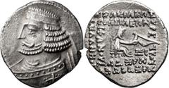 Ancient Greek Parthia, Orodes II. Drachm; Parthia, Orodes II; 57-38 BC, Drachm, 3.71g. Sunrise-365. Obv: Diademed bust. Rx: Archer (Arsakes I) seated right on throne, holding bow.. MS