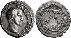 Roman Imperial Galba. Denarius; Galba; 68-69 AD, Rome, Denarius, 3.14g. RIC-167. Obv: IMP SER GALBA AVG, bare head r. Rx: S P Q R OB C S, legend in three lines within oak wreath.. Toned EF