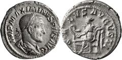 Roman Imperial Maximinus I Thrax. Denarius; Maximinus I Thrax; 235-238 AD, Rome, 235-236 AD, Denarius, 3.02g. RIC-14. Obv: IMP MAXIMINVS PIVS AVG, Laureate bust right Rx: SALVS AVGVSTI, Salus, seated,