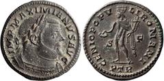 Roman Imperial Maximianus. Nummus; Maximianus; 286-305 AD, Treveri, 303-305 AD, Nummus, 10.55g. RIC-582b. Obv: IMP MAXIMIANVS AVG, laureate bust r. Rx: GENIO POPVLI ROMANI, Genius standing to left, to