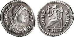 Roman Imperial Valens. Siliqua; Valens; 314 AD, Treveri, Siliqua, 1.73g. RIC-27e.1. Obv: D N VALENS P F AVG, Bust r. Rx: VRBS ROMA / TRPS•, Roma seated left on throne, holding Victory and scepter.. VF