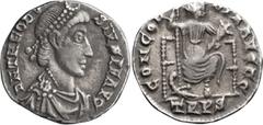 Roman Imperial Theodosius I. Siliqua; Theodosius I; 379-395 AD, Trier, 388-392 AD, Siliqua, 1.72g. RIC-94b. Obv: Bust of Theodosius I, pearl-diademed, draped and cuirassed, r. Rx: Roma seated left on 