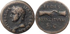 Roman Imperial Vitellius. 40-as; Vitellius; 69 AD, Tarraco, As, 9.71g. BM-103, Paris-17, C-34 (15 Fr.), RIC-42. Obv: A VITELLIVS - IMP GERMAN Head laureate l., globe at tip of neck. Rx: FIDES / EXERCI