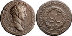 Roman Imperial Trajan. Semis; Trajan; 98-117 AD, Rome, 114-117 AD, Orichalcum Semis, 3.58g. McAlee-516. Obv: IMP CAES NER TRAIANO OPTIMO AVG GERM, radiate bust right with fold of cloak on front should
