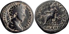 Roman Imperial Marcus Aurelius. Sestertius; Marcus Aurelius; 161-180 AD, Rome, 161 AD, Sestertius, 23.89g. Bust var. of BM-840. Obv: IMP CAES M AVREL - ANTONINVS AVG Bust laureate, draped, cuirassed r