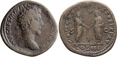 Roman Imperial Marcus Aurelius. Sestertius; Marcus Aurelius; 161-180 AD, Rome, 161 AD, Sestertius, 27.29g. Cf. BMC-p. 518 note, citing Vatican. Obv: IMP CAES M AVREL - AN[TONIN]VS AVG Bust laureate, c