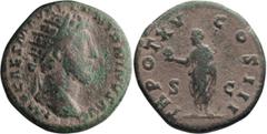 Roman Imperial Marcus Aurelius. Dupondius; Marcus Aurelius; 161-180 AD, Rome, 161 AD, Dupondius, 11.37g. BM-846. Obv: IMP CAES M AVREL ANTONINVS AVG Head radiate r. Rx: TR POT XV - COS III on l. and r