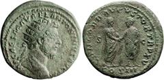 Roman Imperial Marcus Aurelius. Dupondius; Marcus Aurelius; 161-180 AD, Rome, 161 AD, Dupondius, 14.84g. BMC-853 note. Obv: IMP CAES M AVREL ANTONINVS AVG P M Bust radiate, cuirassed r. Rx: CONCORD AV