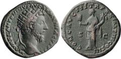 Roman Imperial Marcus Aurelius. Dupondius; Marcus Aurelius; 161-180 AD, Rome, 166 AD, Dupondius, 12.36g. BMC-p. 591, *. Obv: M AVREL ANTONINVS AVG ARMENIACVS P M Head radiate r. Rx: CONG AVG III TR P 