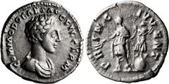 Roman Imperial Commodus as Caesar. Denarius; Commodus as Caesar; 167-177 AD, Rome, 175 AD, Denarius, 3.30g. BM-640. Obv: COMMODO CAES AVG FIL GERM Bare-headed, draped bust r., seen from front. Rx: PR 