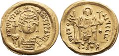 Byzantine Justinian I, 527-565 AD. Solidus; Justinian I, 527-565 AD; Carthage, Year 3 = 538/9 AD, Solidus, 4.46g. Berk-48, DO-1277c, Sear-250. Obv: D N IVSTINI - ANVS P P AVG Helmeted, cuirassed bust 