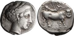 Ancient Greek Campania, Neapolis. Didrachm; Campania, Neapolis; 395-385 BC, Didrachm, 7.46g. SNG ANS-294. Obv: Portrait of Pathenope. Rx: Man-headed bull advancing surmounted by flying Nike, NEOΠΟΛΙΤΗ