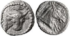 Ancient Greek Thessaly, Pharcadon Obol. ; Thessaly, Pharcadon Obol; c. 462/1-460 BC, Obol, 0.82g. BCD-Thessaly I, 1265, Liampi-2. Obv: Bull head and neck r., head facing. Rx: Horse's head r., retrogra