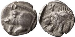 Ancient Greek Mysia, Cyzicus Obol. ; Mysia, Cyzicus Obol; c. 525-475 BC, Obol, 0.60g. SNG Paris BN-375. Obv: Forepart of boar l., tunny behind. Rx: Lion's head l, jaws wide open; star above l.. EF