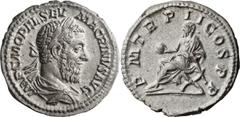 Roman Imperial Macrinus. Denarius; Macrinus; 217-218 AD, Rome, 218 AD, Denarius, 2.95g. BM-47. Obv: IMP C M OPEL SEV - MACRINVS AVG Bust laureate, draped r., seen from behind. Rx: P M TR P II COS P P 