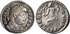 Roman Imperial Valens. Siliqua; Valens; 364-378 AD, Trier, 375-8 AD, Siliqua, 2.05g. RIC-46a, mintmark 1, RSC-110†a. Obv: D N VALEN - S P F AVG Pearl-diademed, draped, cuirassed bust r., seen from fro