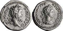 Roman Imperial Septimius Severus and Caracalla. Denarius; Septimius Severus and Caracalla; Rome, 202 AD, Denarius, 3.87g. BMC-p. 230. Obv: SEVERVS - PIVS AVG Head of Septimius Severus laureate r. Rx: 