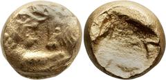 Ancient Greek Lydia, Croesus, 1/12 Heavy Gold Stater. ; Lydia, Croesus, 1/12 Heavy Gold Stater; 565-546 BC, 1/12 Heavy Gold Stater, 0.86g. Berk-13. Obv: Confronted foreparts of a roaring lion and a bu