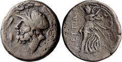 Ancient Greek Bruttium, Brettian League. Didrachm; Bruttium, Brettian League; 208-203 BC, Didrachm, 11.54g. HN Italy-2000. Obv: Helmeted head of Ares left within wreath Rx: Athena advancing right, hea
