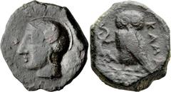 Ancient Greek Sicily, Camarina. AE Tetras; Sicily, Camarina; c. 420-405 BC, Tetras, 3.05g. CNS-33. Obv: Head of Athena l. Rx: Owl standing facing, head l.; lizard in r. claw; three pellets in exergue.