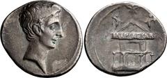 Roman Imperial Augustus. Denarius; Augustus; 27 BC-14 AD, Before 27 BC, Denarius, 3.75g. BM-631, Paris-52, RIC-266, C-122. Obv: Bare head of Octavian r., no legend. Rx: Curia Julia (Senate House) with